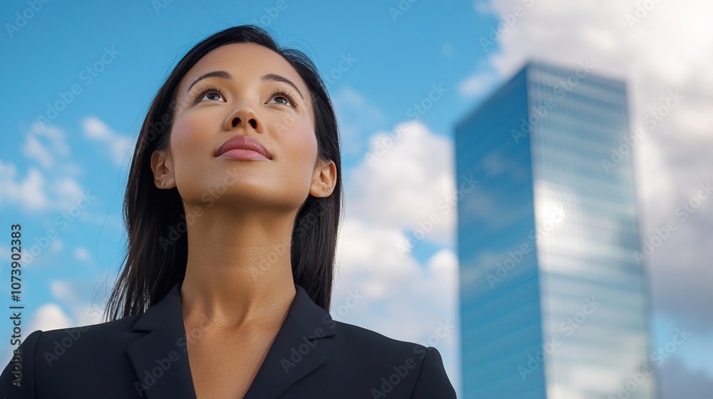 Business Professional Gazing at Modern Skyscraper
