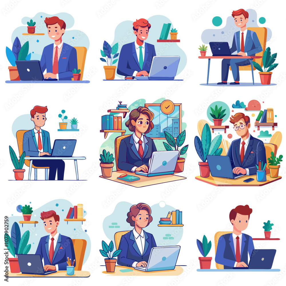 Business professionals focused on work, busy with office tasks, working on laptops, with plants in colorful scenes Business professionals focused on work, busy with office tasks, working on laptops, with plants in colorful scenes