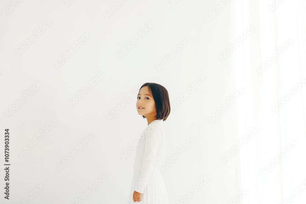 Young girl in white dress smiling against a bright minimalist background Young girl in white dress smiling against a bright minimalist background
