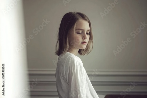 Reflective young girl in white dress by window in soft light