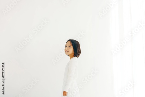 Young girl in white dress smiling against a bright minimalist background