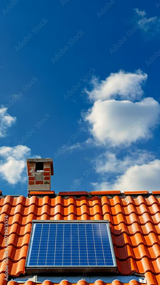 Solar panel on red tiled roof under blue sky, renewable energy concept