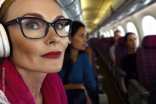 Woman in glasses with headphones on airplane focused on journey experience