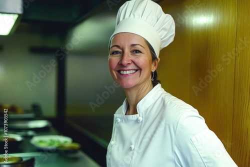 Happy chef in professional kitchen wearing traditional white uniform and hat photo