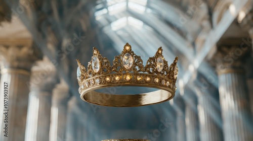 Ornate golden crown with jewels floating in light