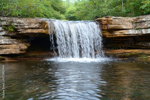 Serene waterfall in lush forest photo