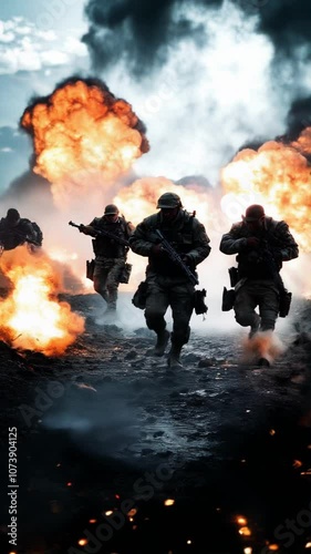 Soldiers running amidst explosions in intense battle scene