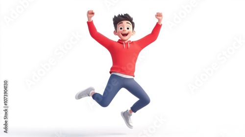 Playful young boy with joyful expression jumping exuberantly in the air photo