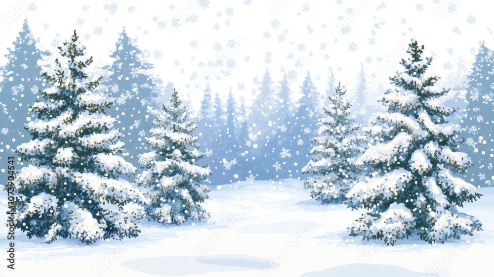 Fototapeta premium Snow-covered pine trees in a serene winter landscape with falling snowflakes