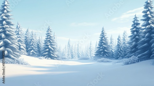 Snow-covered landscape with tall evergreen trees under a blue sky