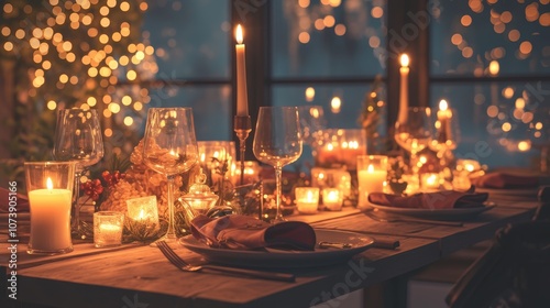 Outdoor christmas decoration restaurant table composition background