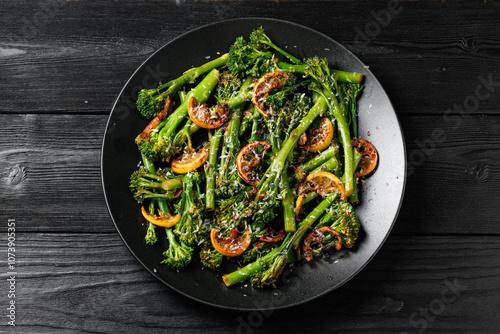 Tenderstem broccoli and charred lemon served in black plate