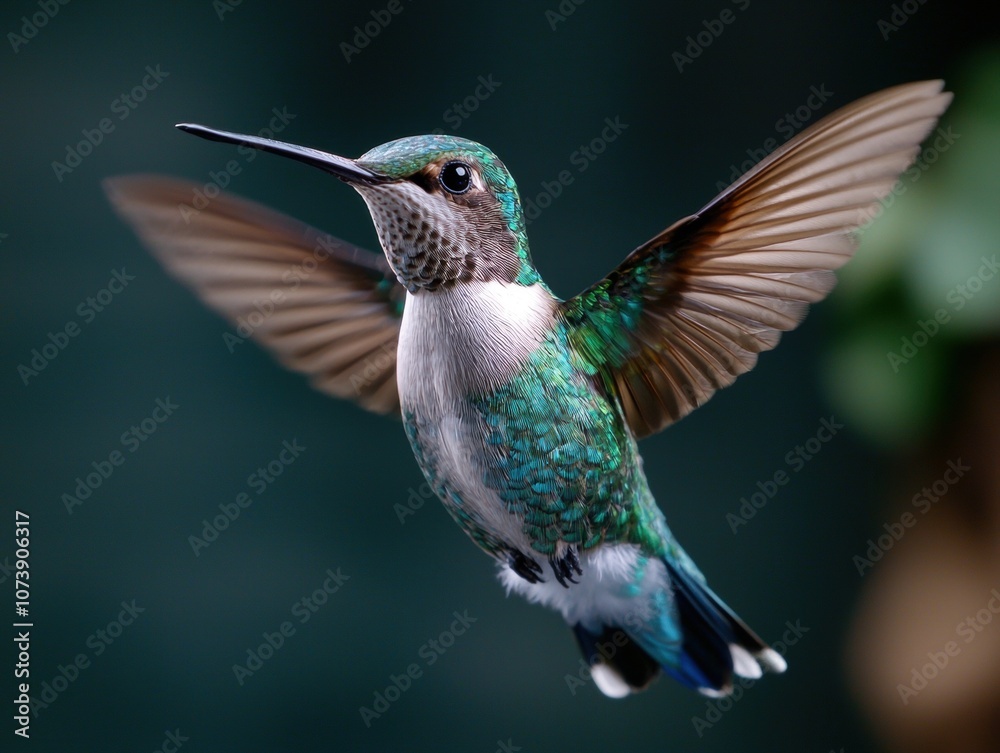 Fototapeta premium Vibrant hummingbird in flight against dark background