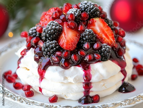 Decadent dessert with fresh berries and cream photo