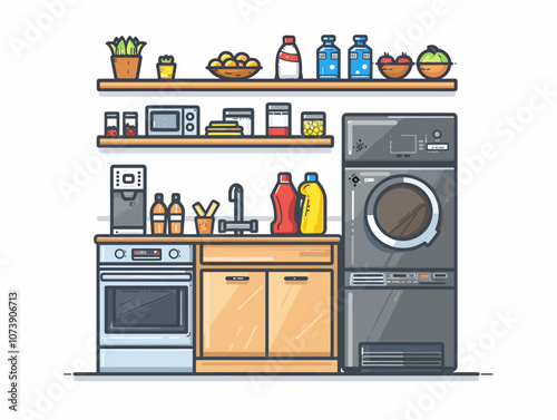 Kitchen interior with fridge, stove and oven. Vector illustration.
