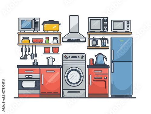Kitchen interior with fridge, stove and oven. Vector illustration.