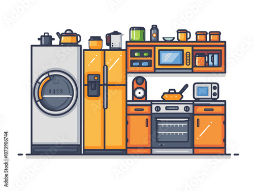 Kitchen interior with fridge, stove and oven. Vector illustration.
