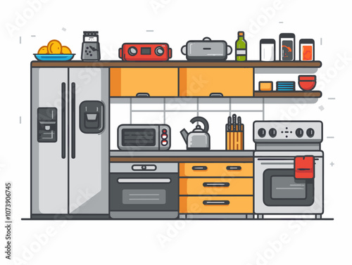 Kitchen interior with fridge, stove and oven. Vector illustration.