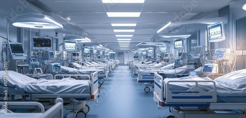 A hospital intensive care ward with rows of beds equipped with medical monitoring equipment, bright lighting and a sterile, organized space.