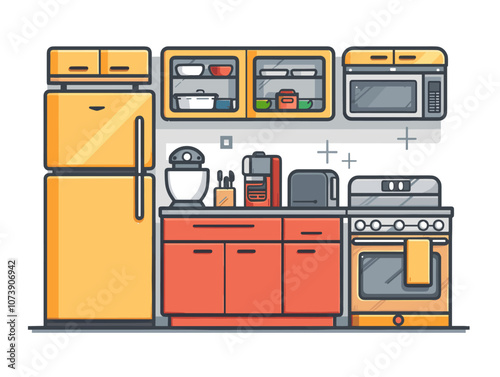 Kitchen interior with fridge, stove and oven. Vector illustration.