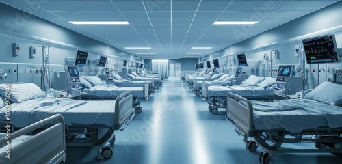 A hospital intensive care ward with rows of beds equipped with medical monitoring equipment, bright lighting and a sterile, organized space.