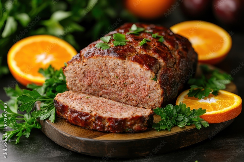 Savory meatloaf with fresh parsley and orange slices Savory meatloaf with fresh parsley and orange slices