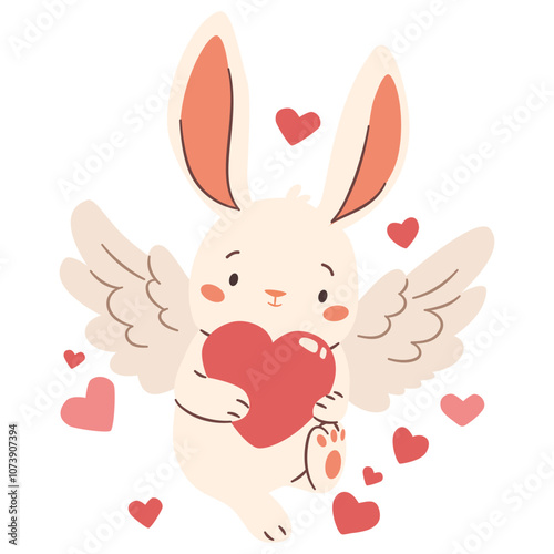 Cute vector illustration in children's style on white background for Valentine's Day. Cute cupid rabbit with wings holding a heart. Vector illustration