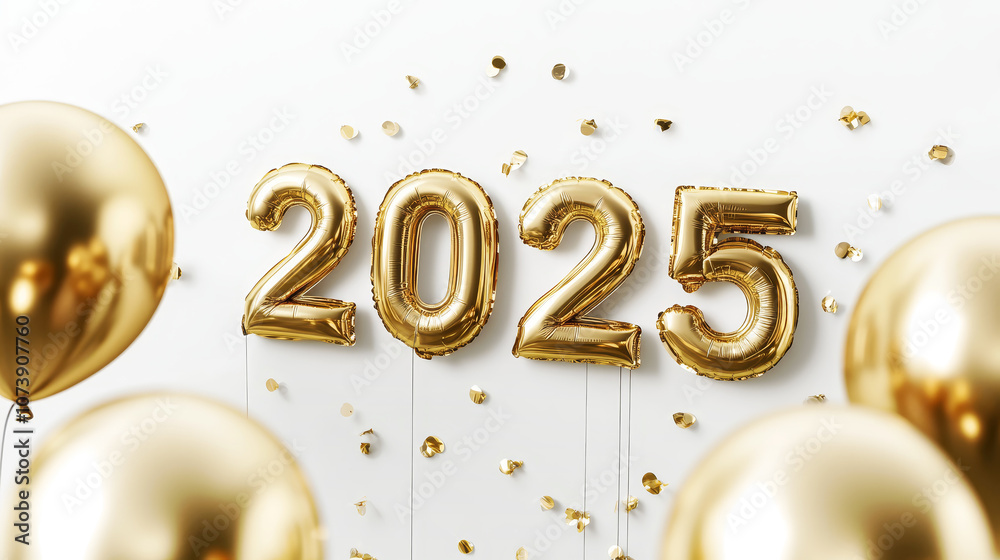 Happy New Year 2025 celebration, metallic Golden Yellow foil color balloons. Extend warm wishes for a Happy New Year and Merry Christmas isolated on a white background. Happy New Year 2025 celebration, metallic Golden Yellow foil color balloons. Extend warm wishes for a Happy New Year and Merry Christmas isolated on a white background.