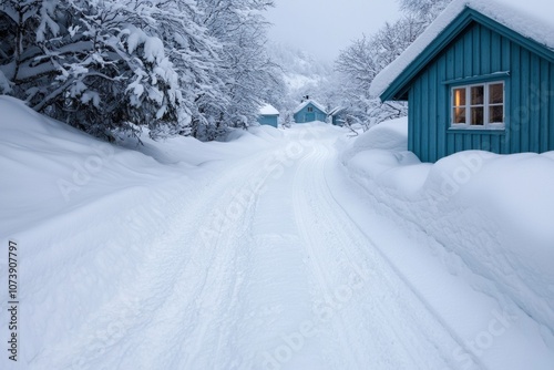 Snowy winter landscape with blue wooden cabin