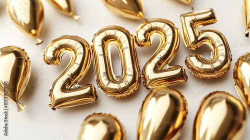 Happy New Year 2025 celebration, metallic Golden Yellow foil color balloons. Extend warm wishes for a Happy New Year and Merry Christmas isolated on a white background.