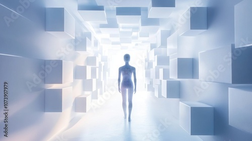 Figure walking through a futuristic illuminated corridor with cubes