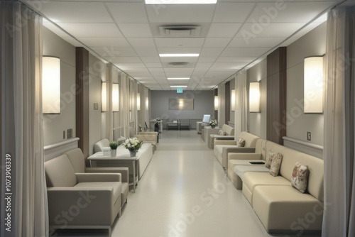 A hospital outpatient clinic with clean seating and modern d?(C)cor, soft lighting and organized spaces for a calming environment. photo