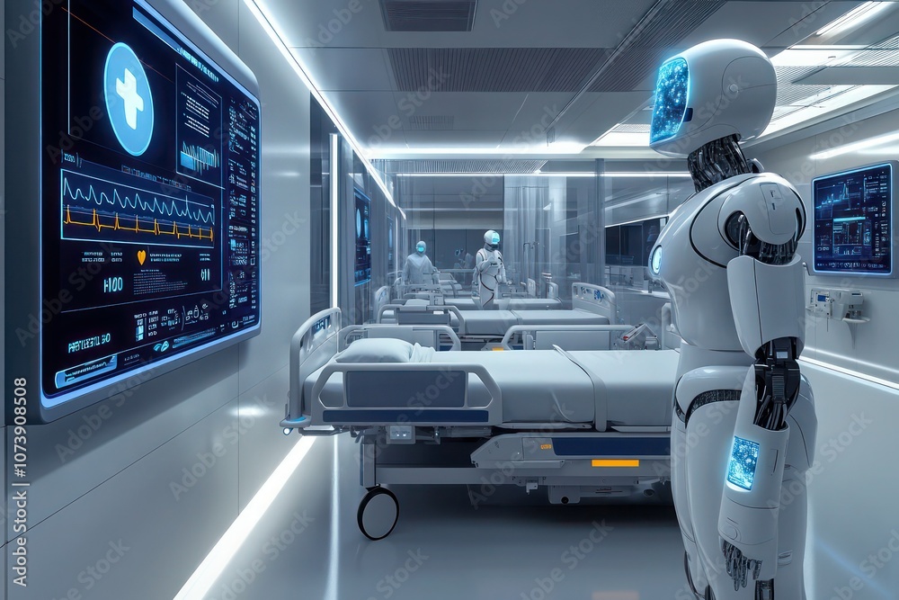 A hospital patient care unit with AI-controlled beds, robotic assistants providing personalized care, and real-time data analytics displayed on holographic screens. A hospital patient care unit with AI-controlled beds, robotic assistants providing personalized care, and real-time data analytics displayed on holographic screens.