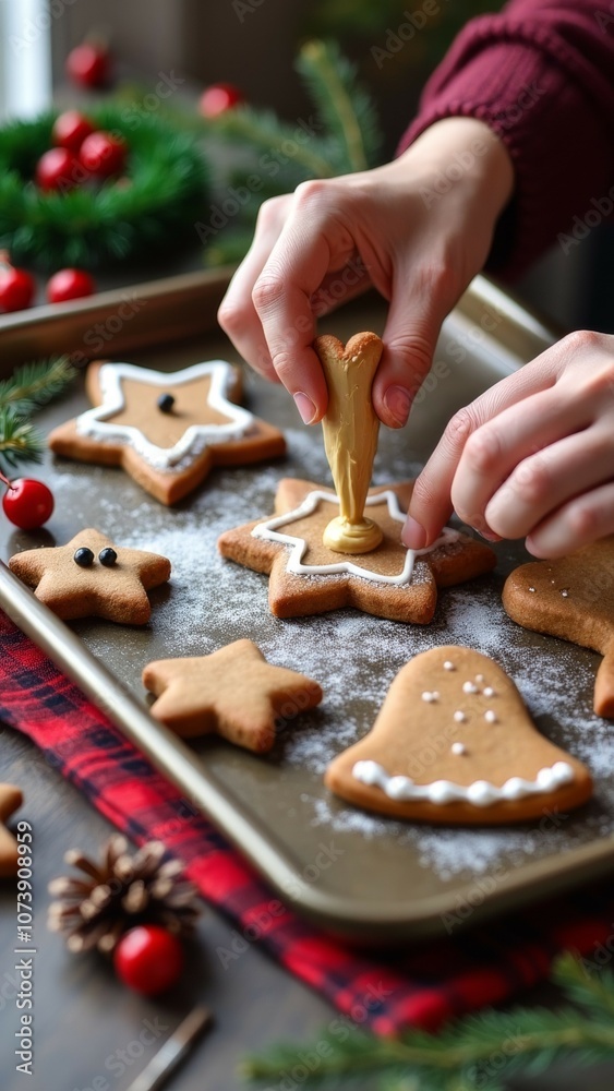 Decorating christmas gingerbread cookies with icing on a festive table Decorating christmas gingerbread cookies with icing on a festive table