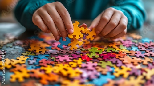 Colorful puzzle pieces being assembled by young hands