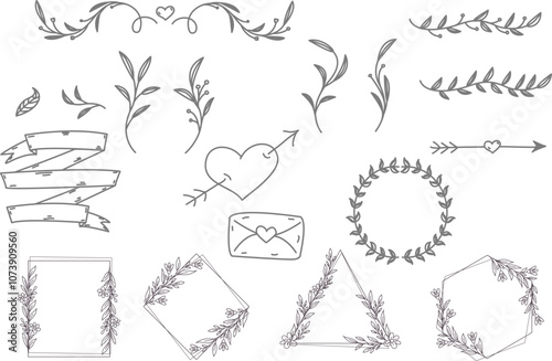 PrintSet of elegant floral logo elements. Borders and dividers, frame corners and branch. Boho Hand drawn line wedding herb, leaves for invitation save the date card.