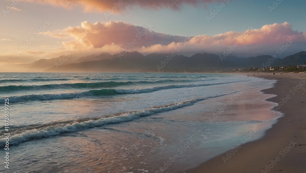 Obraz premium A beach at sunset. Gentle waves on a sandy shore, with pink and orange clouds over mountains.