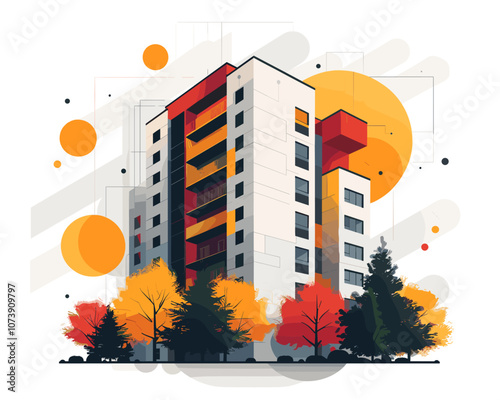 Large white building with orange circles surrounding it. The building has a red roof and is surrounded by trees. The image has a colorful and artistic feel to it
