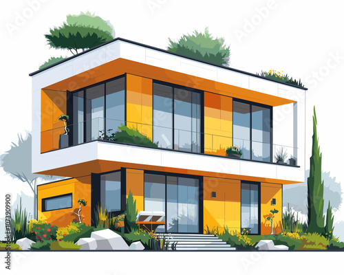 Large yellow and white house with a green roof and a garden. The house has a modern design and is surrounded by a lush green garden