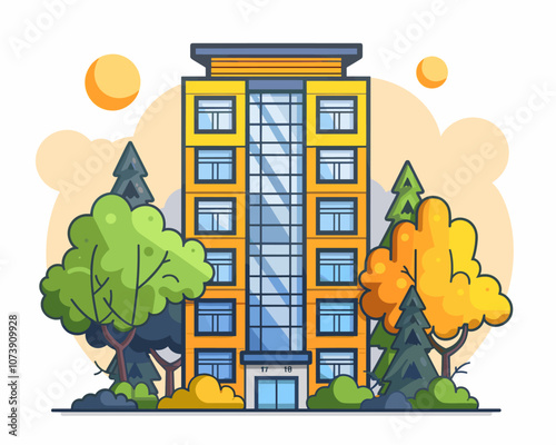 Tall yellow building with a glass facade and a green tree in front of it. The building is surrounded by trees and has a lot of windows