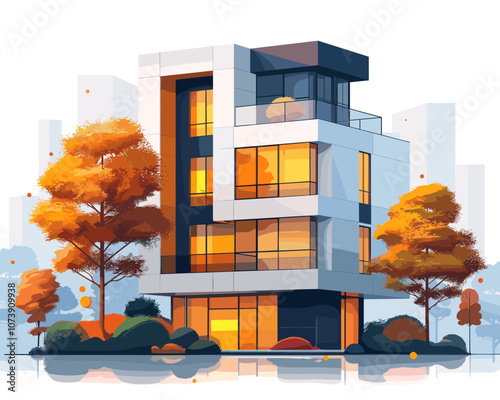 Large white building with a lot of windows and a tree in front of it. The building is surrounded by a park and has a lot of greenery around it
