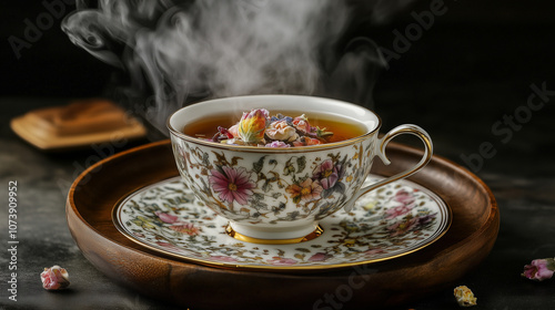 A delicate china teacup with steam rising from a curious tea mixture, decorated with intricate floral designs