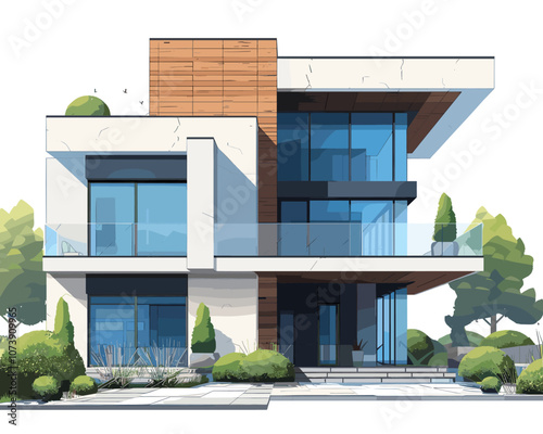 Large white house with a wooden exterior and a blue front door. The house has a large window on the front and a balcony. The house is surrounded by trees and bushes