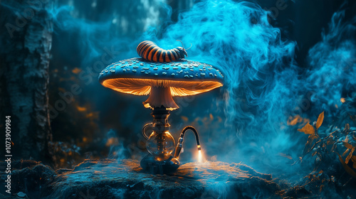 A beautifully detailed image of a mushroom with a caterpillar resting on top, smoking a hookah in swirling blue smoke