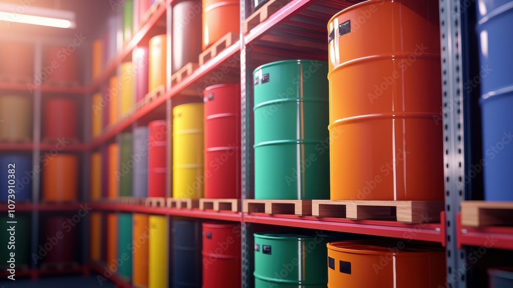 Flow of Inventory management and stock optimization concept. A colorful array of storage barrels arranged neatly on shelving in a warehouse, highlighting organization and industrial aesthetics. Flow of Inventory management and stock optimization concept. A colorful array of storage barrels arranged neatly on shelving in a warehouse, highlighting organization and industrial aesthetics.