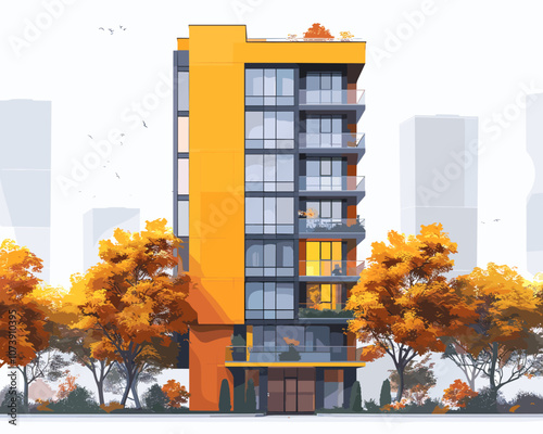 Tall building with orange and glass windows. The building is surrounded by trees and has a balcony