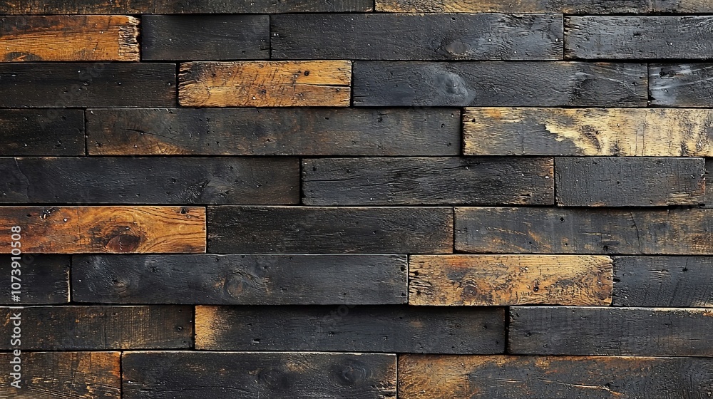 A textured wooden wall featuring dark and light planks arranged in a rustic pattern. A textured wooden wall featuring dark and light planks arranged in a rustic pattern.