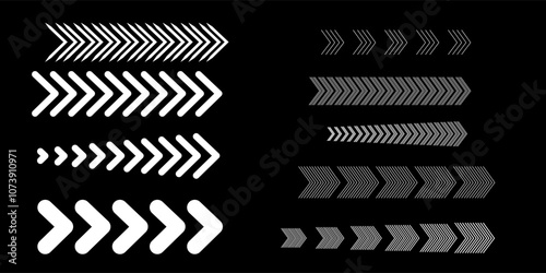 Set of white straight arrows isolated on the dark background