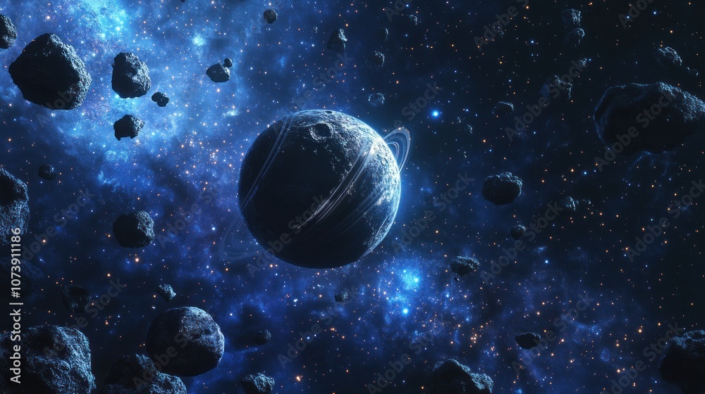 A cosmic scene featuring a planet surrounded by asteroids and stars. A cosmic scene featuring a planet surrounded by asteroids and stars.