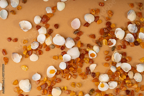 Amber stones texture background, orange gemstones pattern, natural Baltic amber gems, tree resin crystals photo